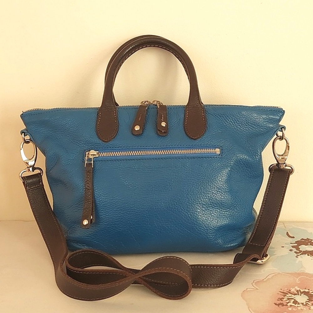 Roots small blue leather stachel / crossbody bag